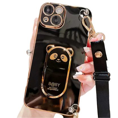 Anymob iPhone Case Shockproof Black Plating Panda Crossbody Necklace Stand Lanyard Case Strap Cover-Mobile Phone Cases-PEROZ Accessories