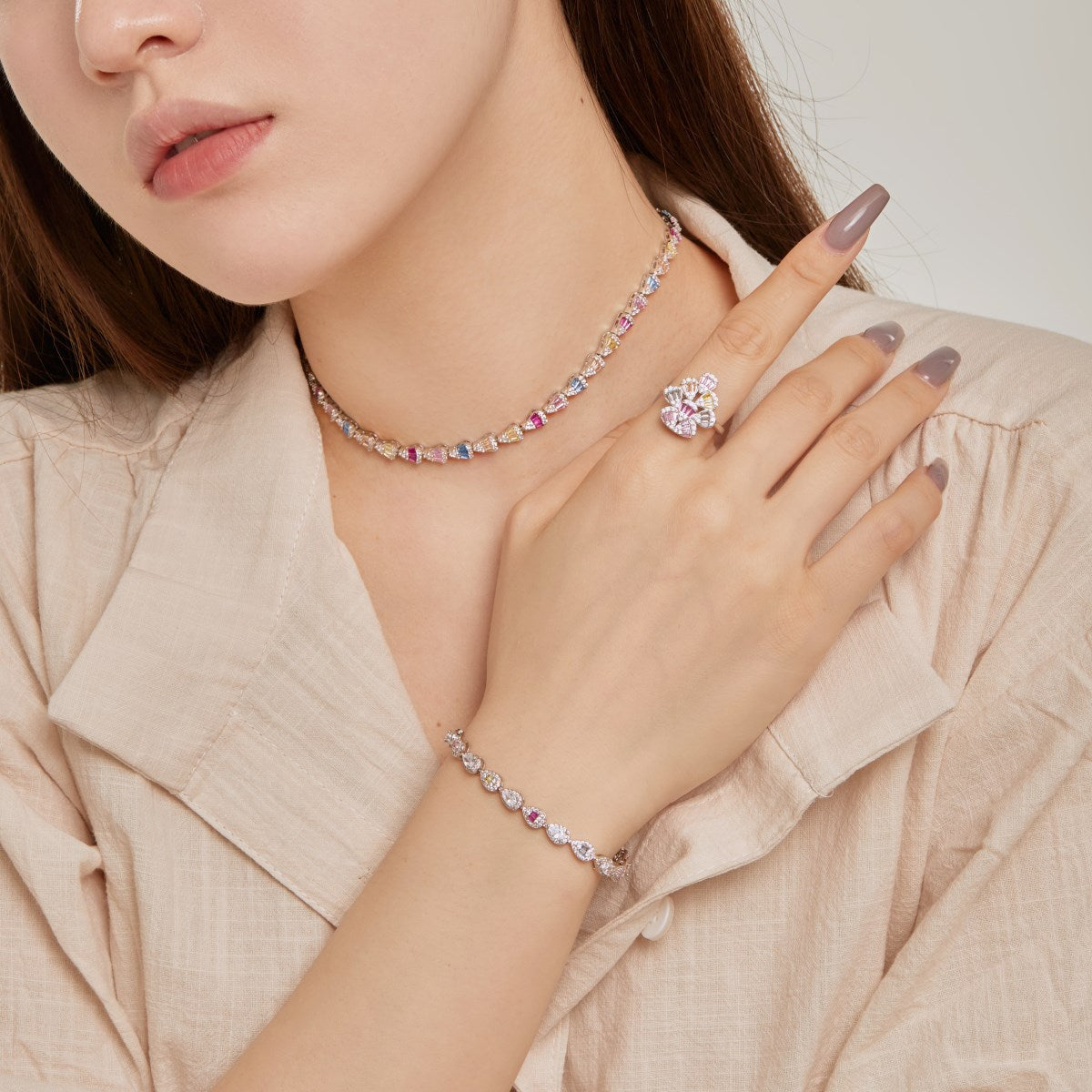 Anyco Bracelet Multicolored Pear Fruit Shape Rainbow Stones S925 Silver Fine Jewelry Colorful Zircons Tennis Bracelets For Women-Bracelets-PEROZ Accessories