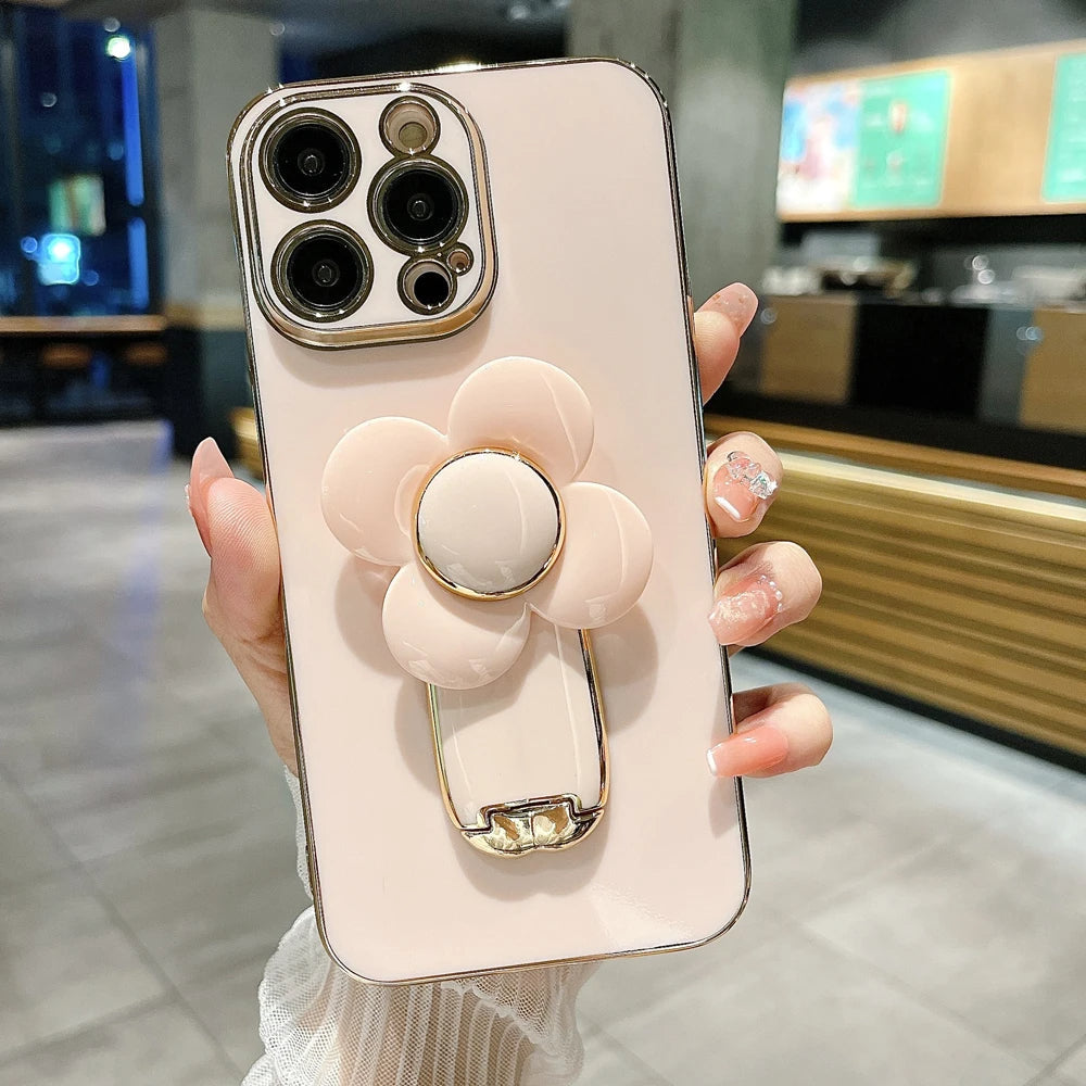 Anymob iPhone Case Shockproof Pink Plating Silicone Case Flower Rotating Windmill Bracket Cover-Mobile Phone Cases-PEROZ Accessories