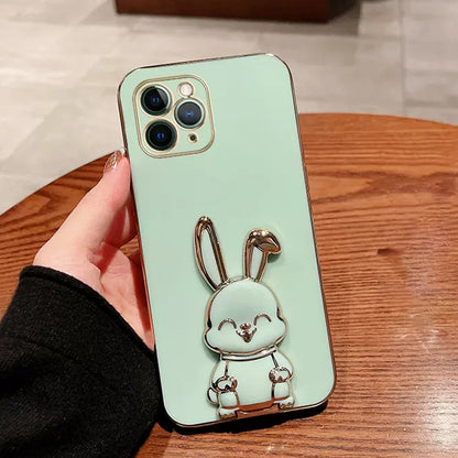 Anymob iPhone Case Shockproof Green Luxury Plating Rabbit Holder Phone Case Soft Silicone Stand Cover-Mobile Phone Cases-PEROZ Accessories