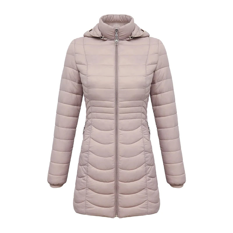Anychic Womens Padded Puffer Jacket Medium Beige Ultralight Coat With Detachable Hood Lightweight Outwear Clothing-Coats &amp; Jackets-PEROZ Accessories