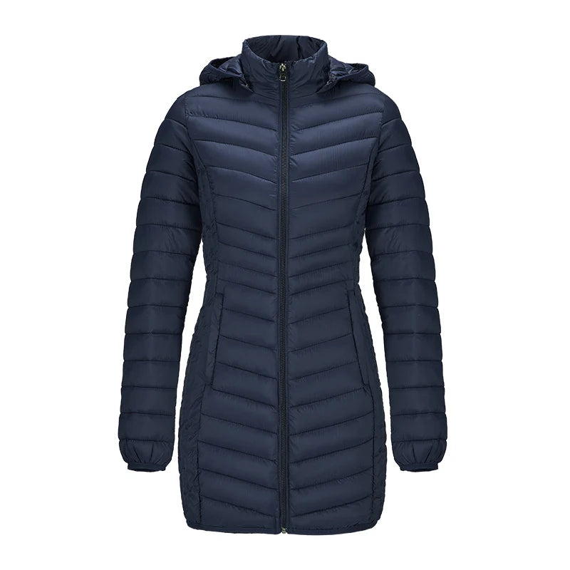 Anychic Womens Padded Puffer Jacket Medium Navy Blue Ultralightweight Long Parka With Detachable Hood Outdoor Warm Clothes-Coats &amp; Jackets-PEROZ Accessories