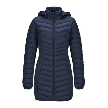 Anychic Womens Padded Puffer Jacket Medium Navy Blue Ultralightweight Long Parka With Detachable Hood Outdoor Warm Clothes-Coats &amp; Jackets-PEROZ Accessories