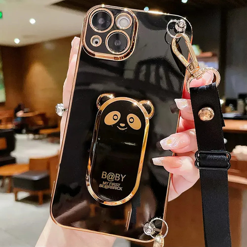 Anymob iPhone Case Shockproof Black Plating Panda Crossbody Necklace Stand Lanyard Case Strap Cover-Mobile Phone Cases-PEROZ Accessories