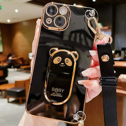 Anymob iPhone Case Shockproof Black Plating Panda Crossbody Necklace Stand Lanyard Case Strap Cover-Mobile Phone Cases-PEROZ Accessories