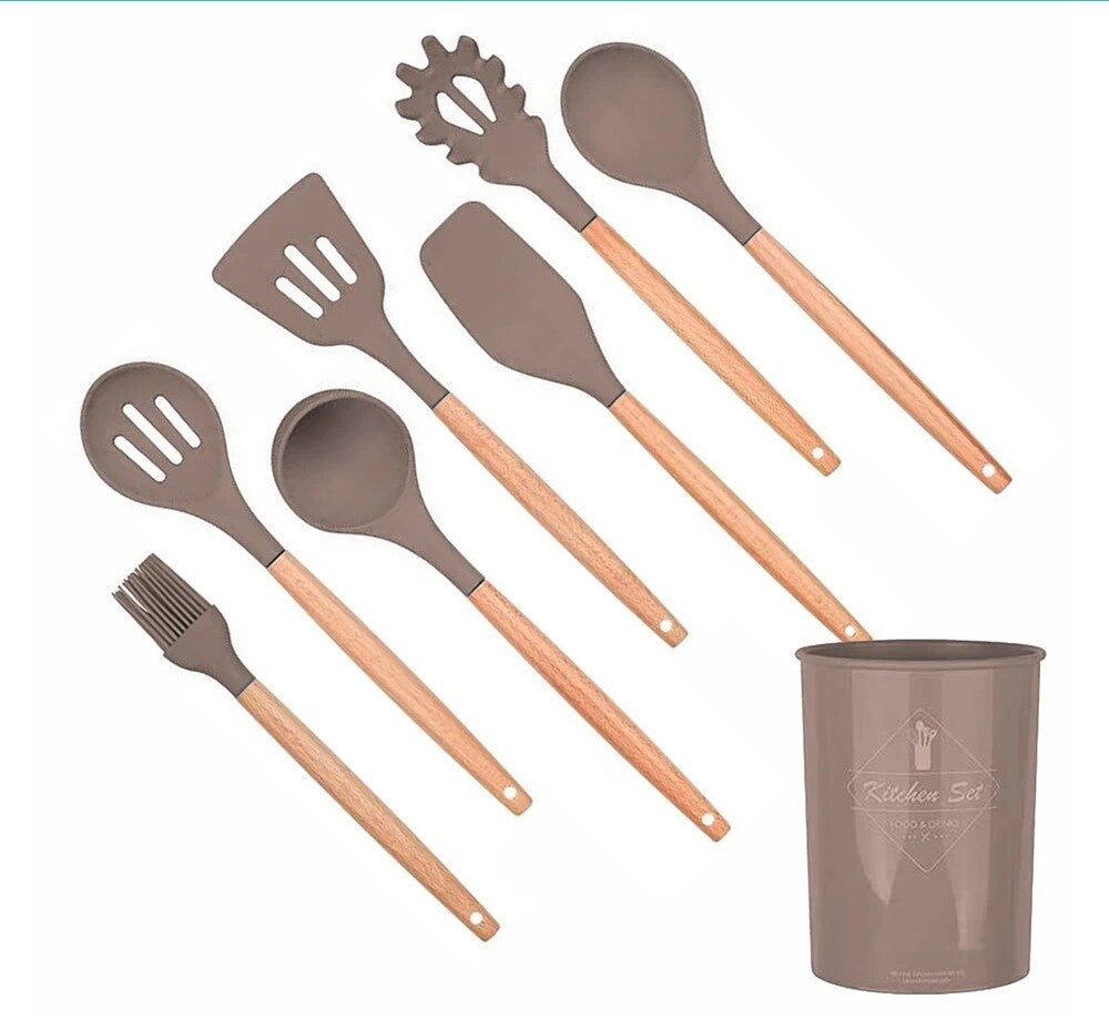 Anygleam Kitchen Utensils 7 Set Khaki Natural Beech Wooden Handle Cookware Tool with Storage Heat Resistant Non Stick Accessories-Spatula and Shovel-PEROZ Accessories