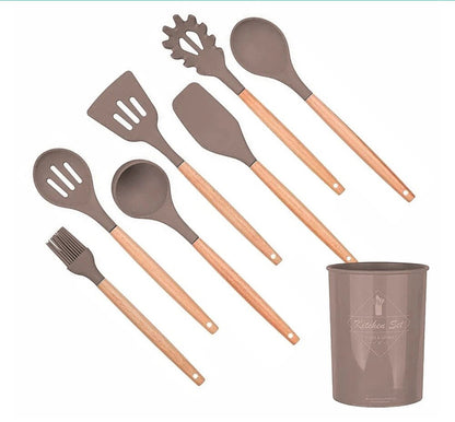 Anygleam Kitchen Utensils 7 Set Khaki Natural Beech Wooden Handle Cookware Tool with Storage Heat Resistant Non Stick Accessories-Spatula and Shovel-PEROZ Accessories