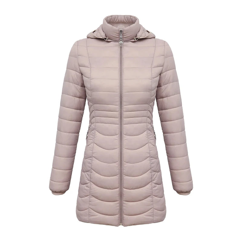 Anychic Womens Padded Puffer Jacket Large Beige Ultralightweight Ultralight Coat With Detachable Hood Lightweight Outwear Clothing-Coats &amp; Jackets-PEROZ Accessories