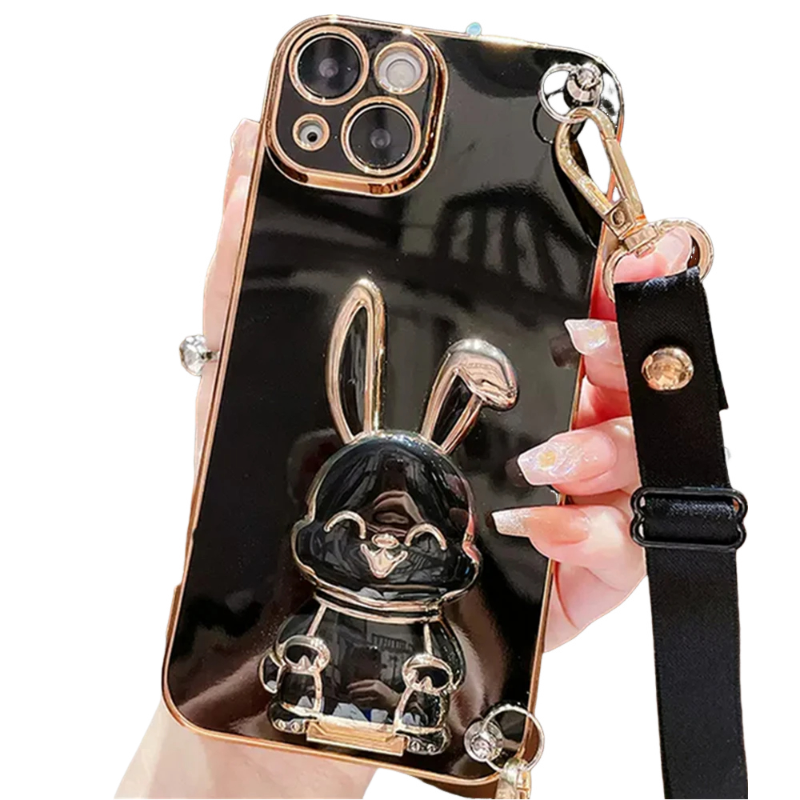 Anymob iPhone Case Shockproof Black Rabbit Bracket Crossbody Lanyard Case Plating Stand Silicon Phone Cover-Mobile Phone Cases-PEROZ Accessories
