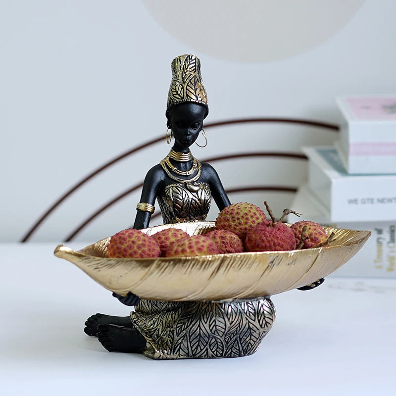 Anyhouz Home Figurine African Black Woman Storage Statue Exotic Figurines Home Interior Desktop Decor Keys Candy Container Craft Item-Sculptures &amp; Statues-PEROZ Accessories