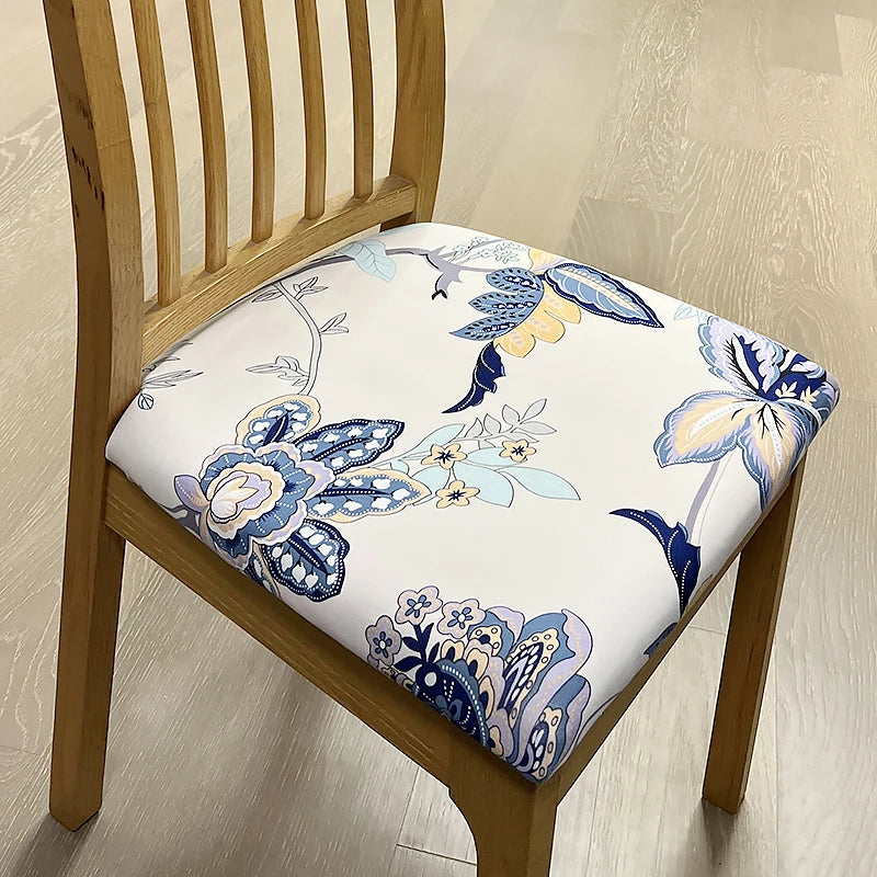 Anyhouz Chair Cover White Blue Floral Leaf Print Stretch Seat Cover for Home Dinning Kitchen Washable Removable-Chair Cover-PEROZ Accessories