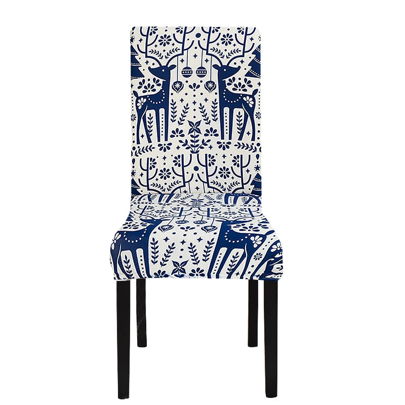 Anyhouz Chair Cover White Blue Xmas Deer Pattern with Anti-Dirt and Elastic Material for Dining Room Kitchen Wedding Hotel Banquet Restaurant-Chair Cover-PEROZ Accessories