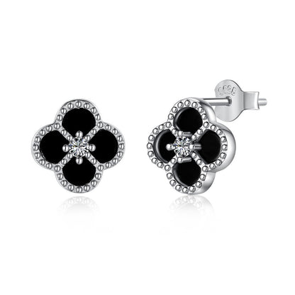 Anyco Earrings Silver Black 925 Sterling Clover Earrings Jewelry Women Diamond Cubic Zirconia Earring-Earrings-PEROZ Accessories