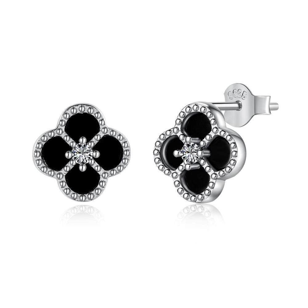 Anyco Earrings Silver Black 925 Sterling Clover Earrings Jewelry Women Diamond Cubic Zirconia Earring-Earrings-PEROZ Accessories