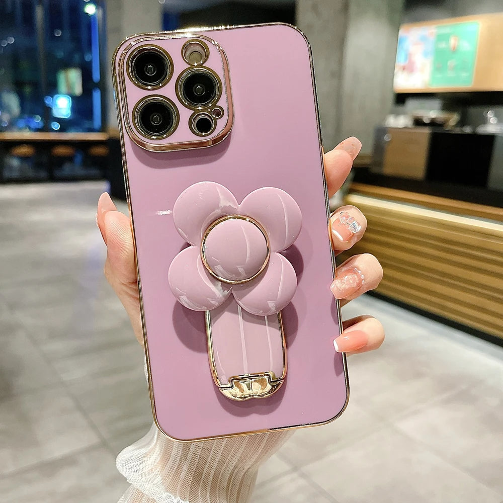 Anymob iPhone Case Shockproof Dark Pink Plating Silicone Case Flower Rotating Windmill Bracket Cover-Mobile Phone Cases-PEROZ Accessories