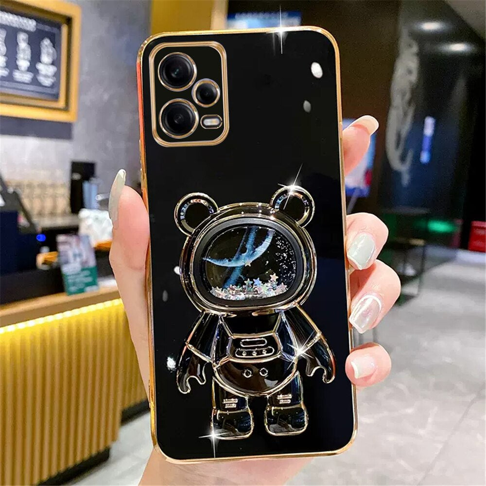 Anymob Xiaomi Redmi Case Black Space Quicksand Bear Phone Bracket Plating Cover Protection-Mobile Phone Cases-PEROZ Accessories