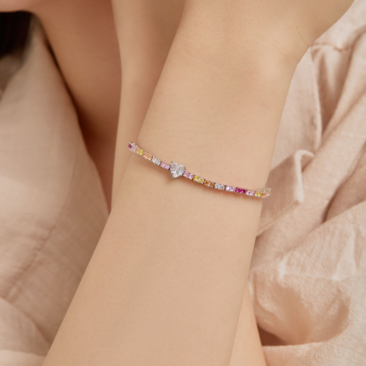 Anyco Bracelet Minimalist Adjustable Heart Shape 16cm Colorful Diamond Tennis Cubic Zirconia Cz Rainbow Zircon Jewelry Bracelets Bangles Women-Bracelets-PEROZ Accessories