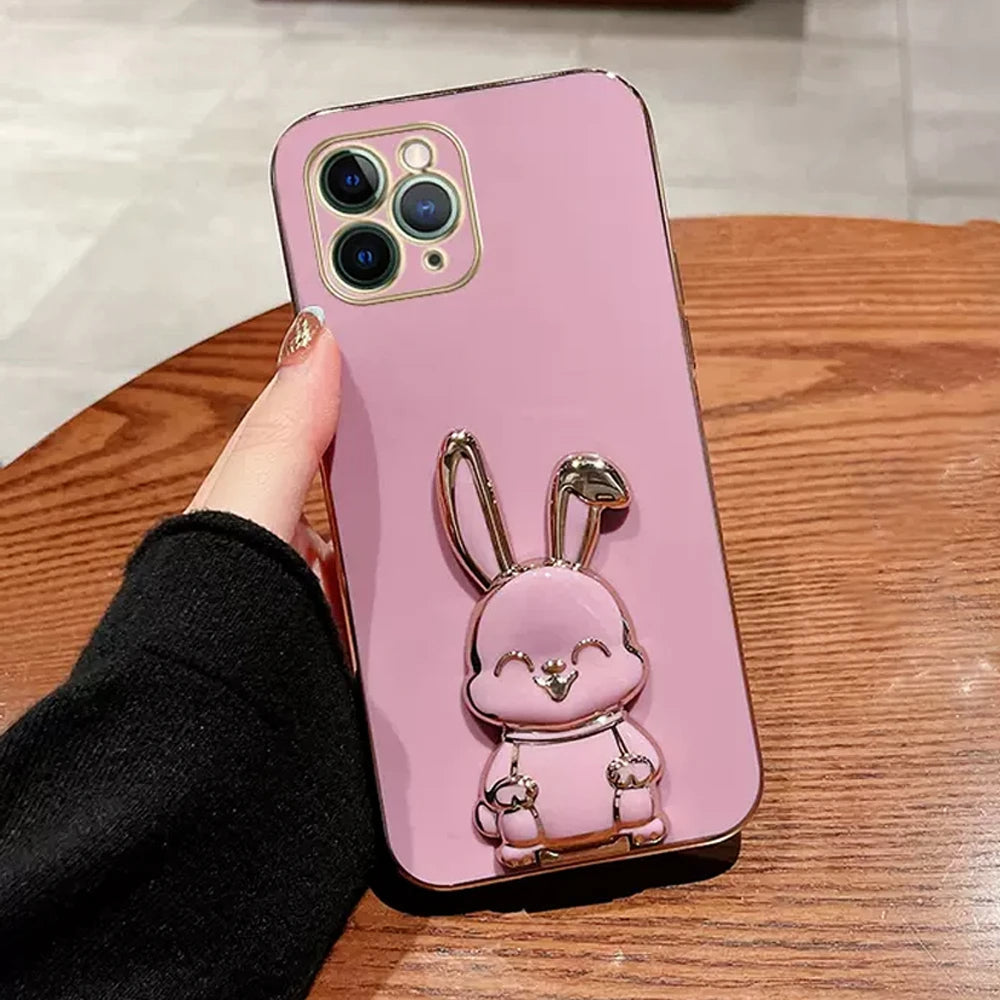 Anymob iPhone Case Shockproof Pink Luxury Plating Rabbit Holder Phone Case Soft Silicone Stand Cover-Mobile Phone Cases-PEROZ Accessories