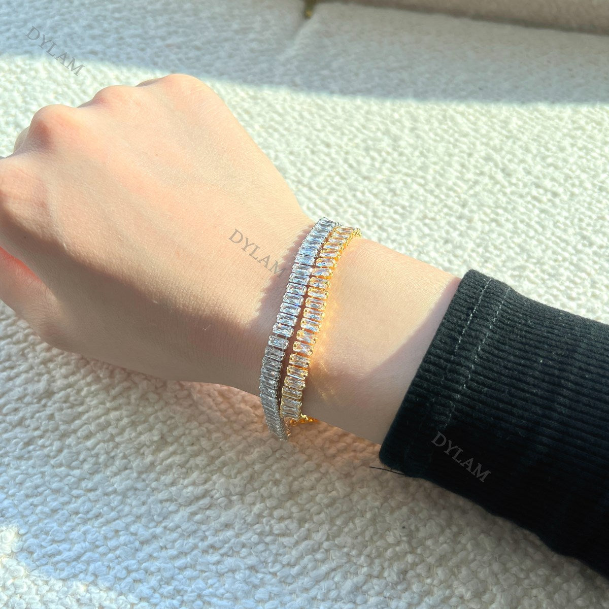 Anyco Bracelet Gold Platted 5mm Baguette Cut Zircon Full Diamond Bracelet Female Jewelry-Bracelets-PEROZ Accessories