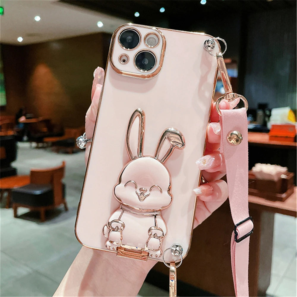 Anymob iPhone Case Shockproof Light Pink Rabbit Bracket Crossbody Lanyard Case Plating Stand Silicon Phone Cover-Mobile Phone Cases-PEROZ Accessories