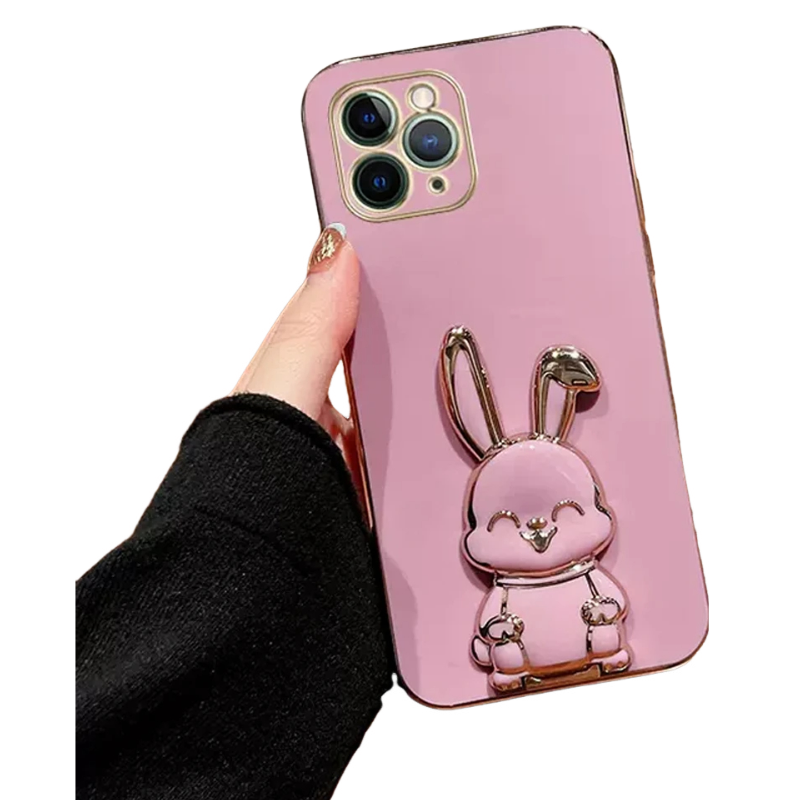 Anymob iPhone Case Shockproof Pink Luxury Plating Rabbit Holder Phone Case Soft Silicone Stand Cover-Mobile Phone Cases-PEROZ Accessories