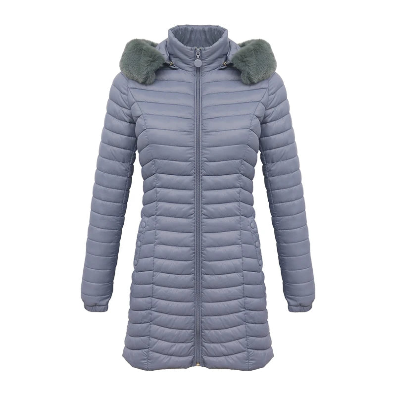 Anychic Womens Padded Puffer Jacket Large Blue Ultralight Casual Coats With Fur Hooded Warm Lightweight Outerwear-Coats &amp; Jackets-PEROZ Accessories