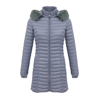 Anychic Womens Padded Puffer Jacket Large Blue Ultralight Casual Coats With Fur Hooded Warm Lightweight Outerwear-Coats &amp; Jackets-PEROZ Accessories