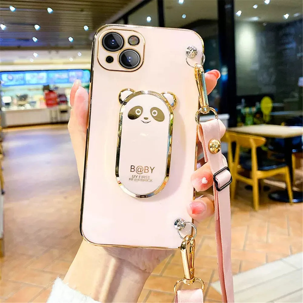 Anymob iPhone Case Shockproof Pink Plating Panda Crossbody Necklace Stand Lanyard Case Strap Cover-Mobile Phone Cases-PEROZ Accessories