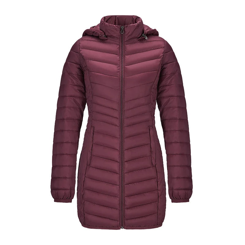 Anychic Womens Padded Puffer Jacket Small Burgandy Ultralightweight Long Parka With Detachable Hood Outdoor Warm Clothes-Coats &amp; Jackets-PEROZ Accessories