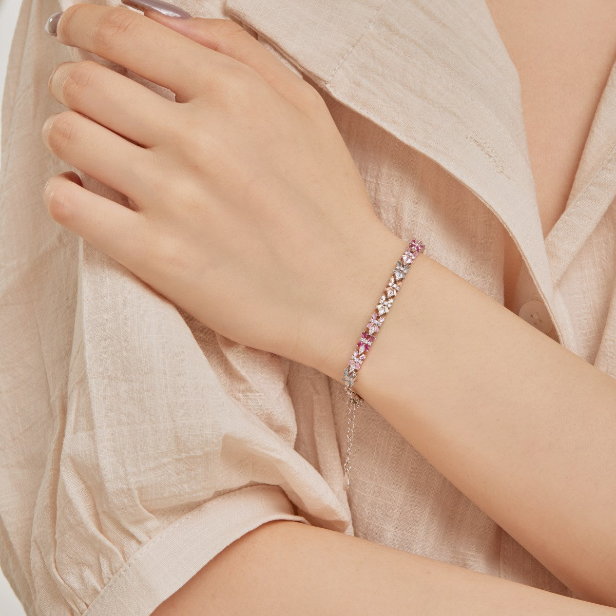 Anyco Bracelet Jewelry S925 Sterling Silver 16.5+2cm Rainbow Bracelet Colorful Baguette Diamond Tennis Bracelets Women-Bracelets-PEROZ Accessories