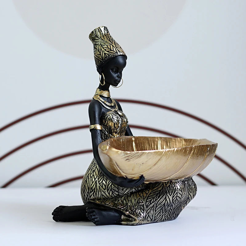 Anyhouz Home Figurine African Black Woman Storage Statue Exotic Figurines Home Interior Desktop Decor Keys Candy Container Craft Item-Sculptures &amp; Statues-PEROZ Accessories