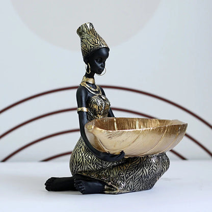 Anyhouz Home Figurine African Black Woman Storage Statue Exotic Figurines Home Interior Desktop Decor Keys Candy Container Craft Item-Sculptures &amp; Statues-PEROZ Accessories