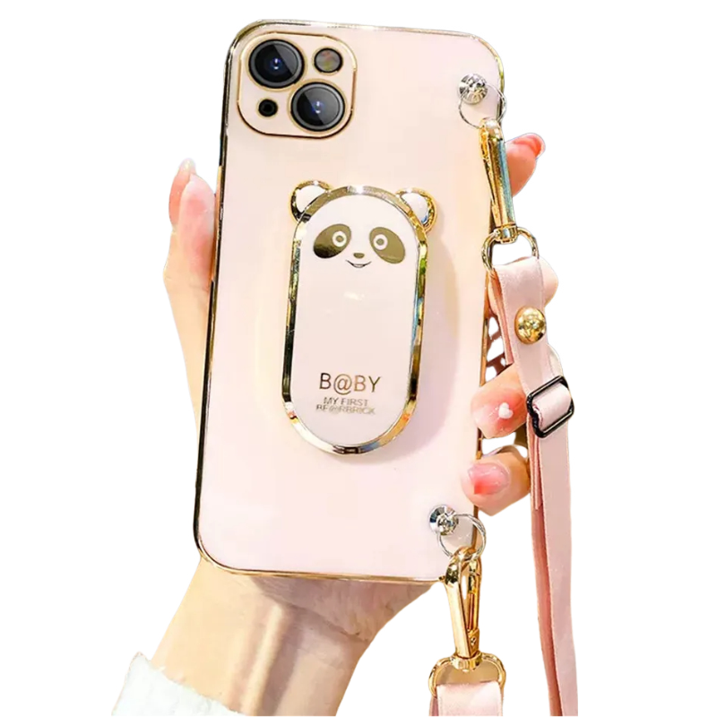 Anymob iPhone Case Shockproof Pink Plating Panda Crossbody Necklace Stand Lanyard Case Strap Cover-Mobile Phone Cases-PEROZ Accessories