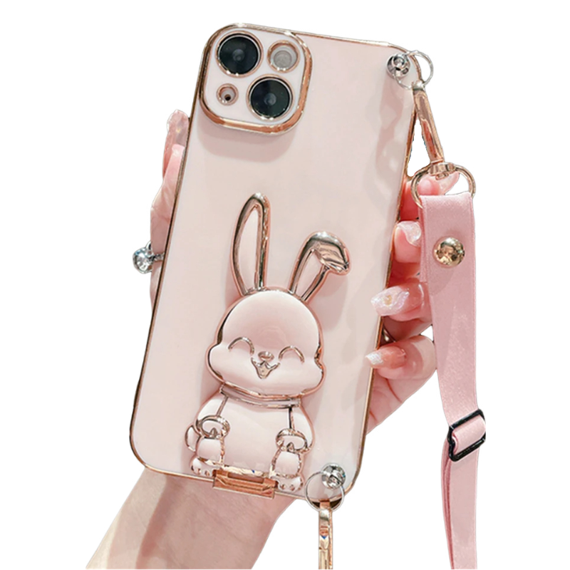 Anymob iPhone Case Shockproof Light Pink Rabbit Bracket Crossbody Lanyard Case Plating Stand Silicon Phone Cover-Mobile Phone Cases-PEROZ Accessories