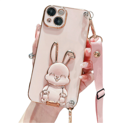 Anymob iPhone Case Shockproof Light Pink Rabbit Bracket Crossbody Lanyard Case Plating Stand Silicon Phone Cover-Mobile Phone Cases-PEROZ Accessories