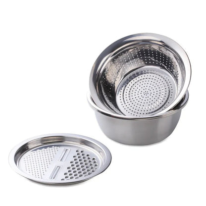Anygleam Silver Stainless Steel Basket Strainer Bowl with Vegetable Cutter/ Slicer for Buffet and Restaurant Kitchenware-Kitchen Tools &amp; Utensils-PEROZ Accessories