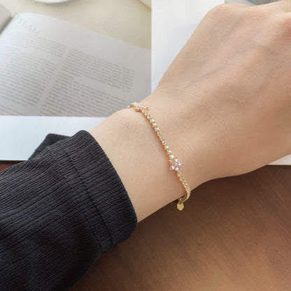 Anyco Bracelet Silver Bracelet Women Pink Flower Charm 5A Cubic Zirconia Chain 925 Sterling silver Tennis Bangles-Bracelets-PEROZ Accessories