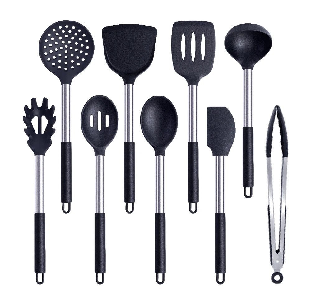 Anygleam Kitchen Utensils Non-stick Black/ Silver 9 Set Cooking Tool Accessories Heat Resistant Kitchenware-Spatula and Shovel-PEROZ Accessories