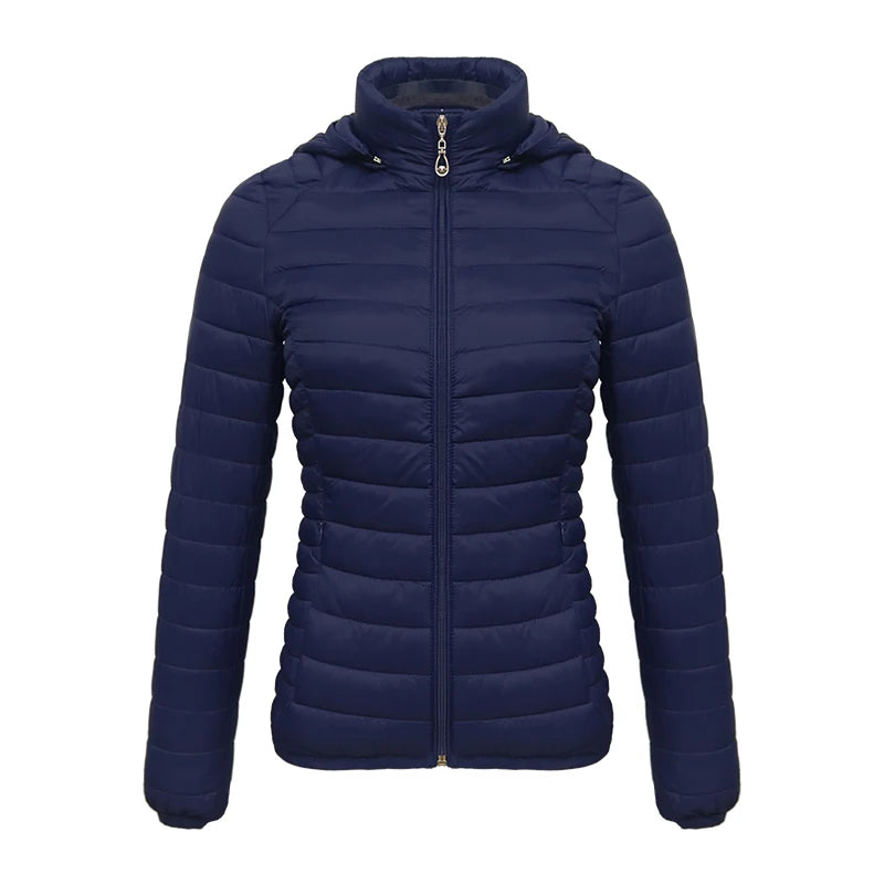 Anychic Womens Padded Puffer Jacket 5XL Navy Blue Solid Lightweight Warm Outdoor Parka Clothing With Detachable Hood-Coats &amp; Jackets-PEROZ Accessories