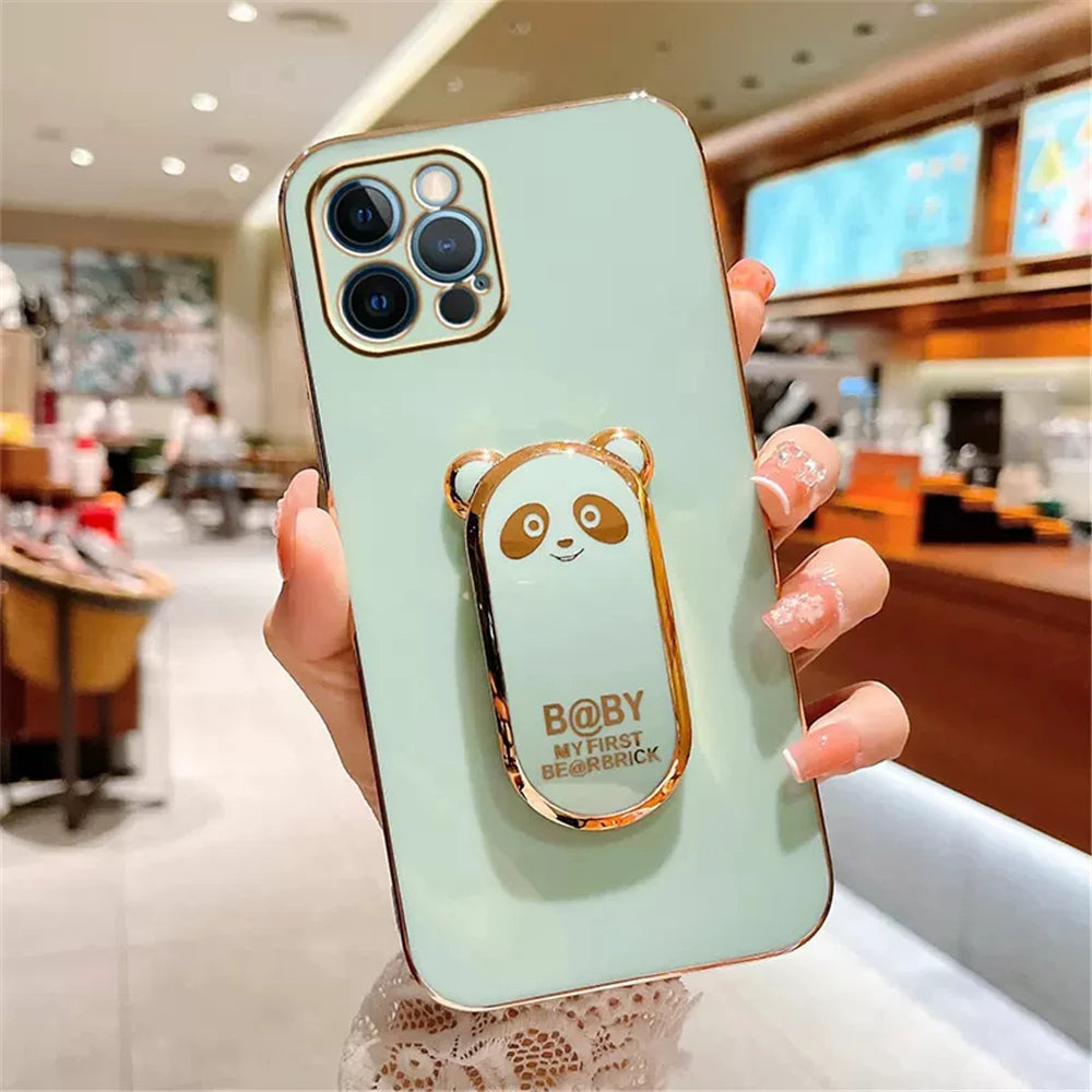 Anymob iPhone Case Shockproof Green Plating Lovely Panda Fold Stand Phone Case Soft Silicone Cover-Mobile Phone Cases-PEROZ Accessories