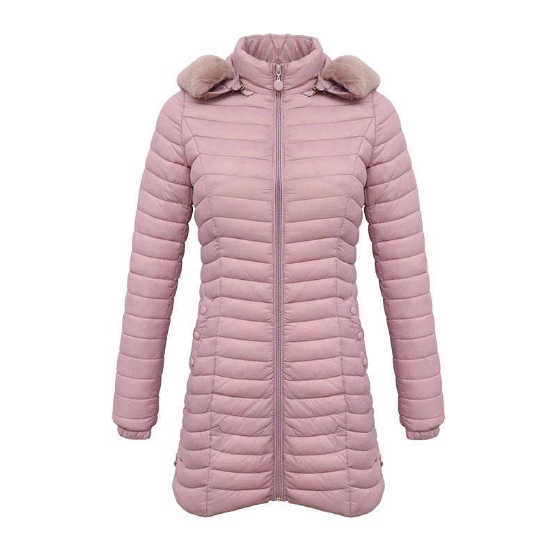 Anychic Womens Padded Puffer Jacket Large Pink Ultralight Casual Coats With Fur Hooded Warm Lightweight Outerwear-Coats &amp; Jackets-PEROZ Accessories