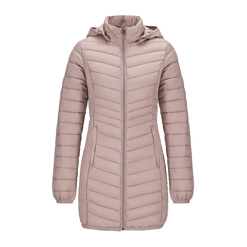 Anychic Womens Padded Puffer Jacket Large Beige Ultralightweight Long Parka With Detachable Hood Outdoor Warm Clothes-Coats &amp; Jackets-PEROZ Accessories