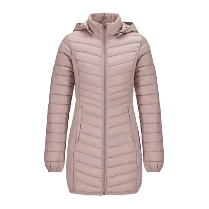 Anychic Womens Padded Puffer Jacket Large Beige Ultralightweight Long Parka With Detachable Hood Outdoor Warm Clothes-Coats &amp; Jackets-PEROZ Accessories
