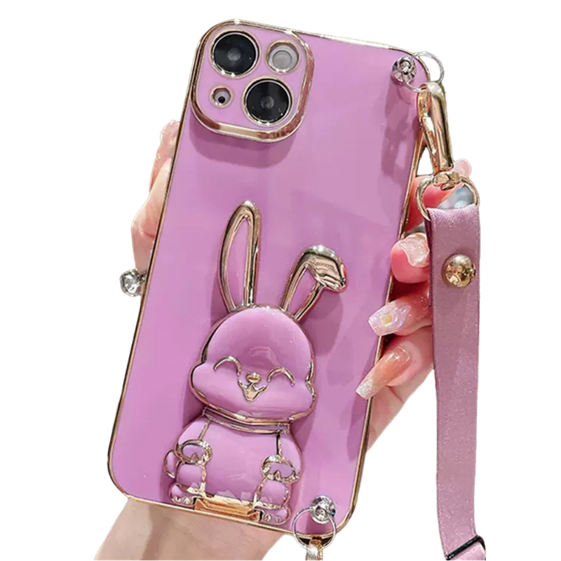 Anymob iPhone Case Shockproof Dark Pink Rabbit Bracket Crossbody Lanyard Case Plating Stand Silicon Phone Cover-Mobile Phone Cases-PEROZ Accessories