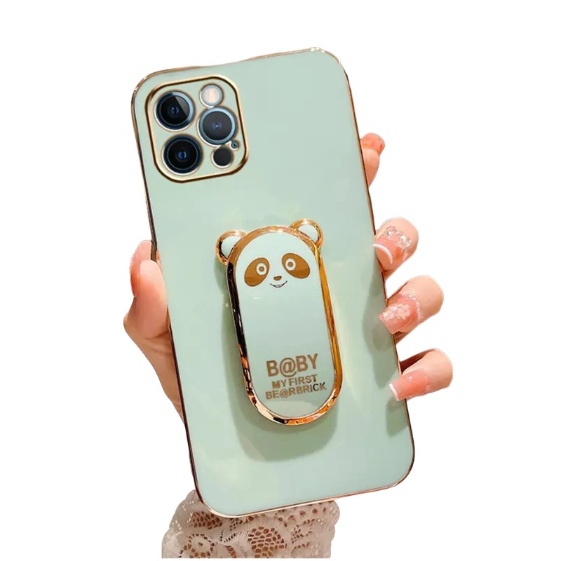 Anymob iPhone Case Shockproof Green Plating Lovely Panda Fold Stand Phone Case Soft Silicone Cover-Mobile Phone Cases-PEROZ Accessories