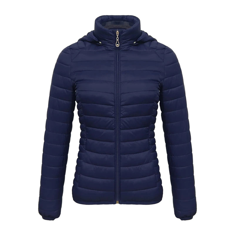 Anychic Womens Padded Puffer Jacket 4XL Navy Blue Solid Lightweight Warm Outdoor Parka Clothing With Detachable Hood-Coats &amp; Jackets-PEROZ Accessories