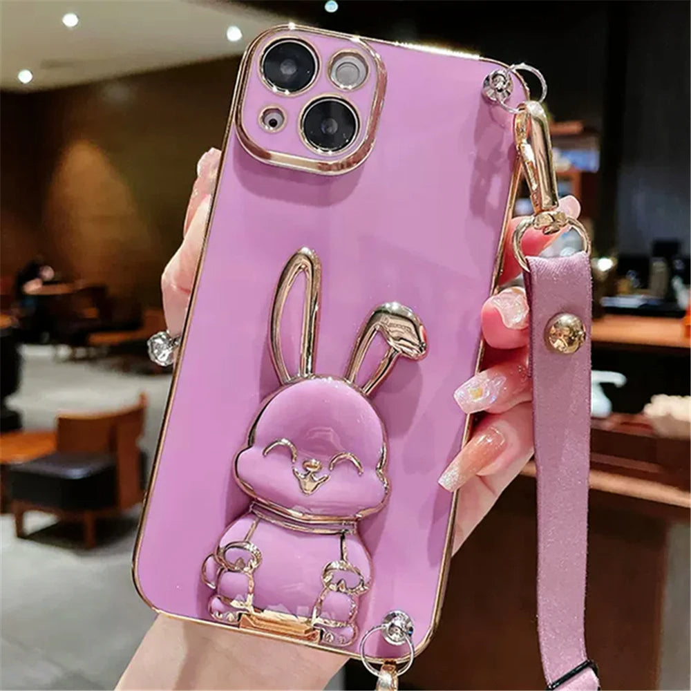 Anymob iPhone Case Shockproof Dark Pink Rabbit Bracket Crossbody Lanyard Case Plating Stand Silicon Phone Cover-Mobile Phone Cases-PEROZ Accessories
