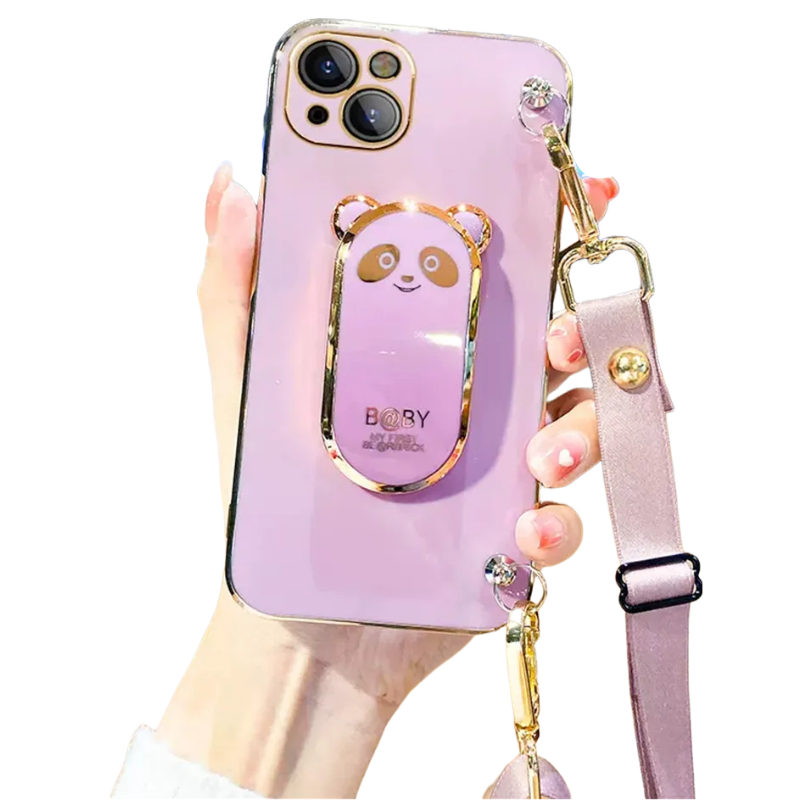 Anymob iPhone Case Shockproof Dark Pink Plating Panda Crossbody Necklace Stand Lanyard Case Strap Cover-Mobile Phone Cases-PEROZ Accessories