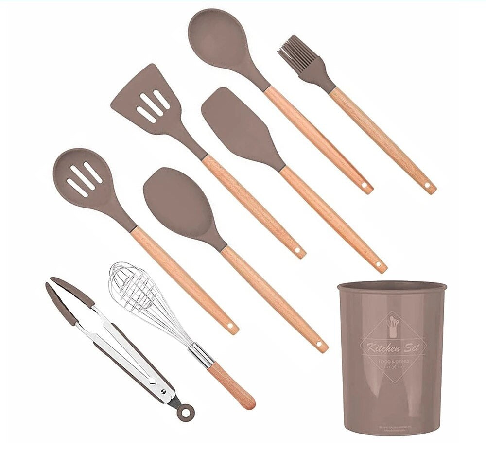 Anygleam Kitchen Utensils 7 Set Natural Beech Wooden Handle Cookware with 1 Tong and 1 Storage Tool with Storage Heat Resistant Non Stick Accessories-Spatula and Shovel-PEROZ Accessories