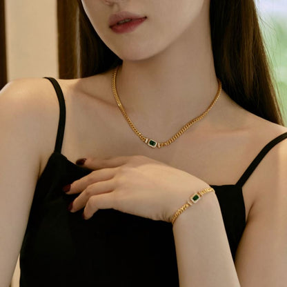 Anyco Bracelet Classic Emerald Charm Square Pendant Necklace Cubic Zirconia 925 Silver Chain Link-Bracelets-PEROZ Accessories